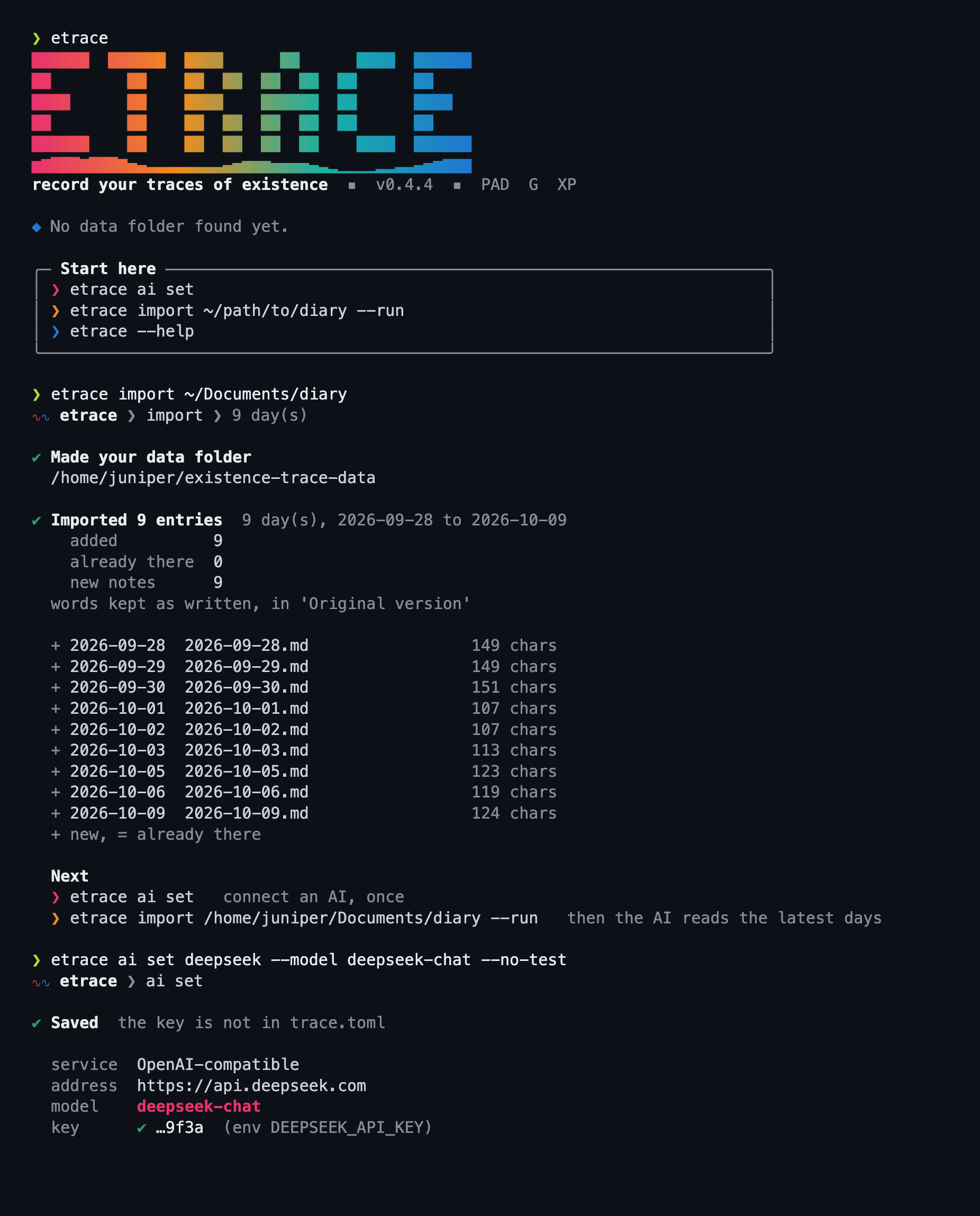 etrace in a terminal: gradient banner, G report with bars, trend sparklines, validate